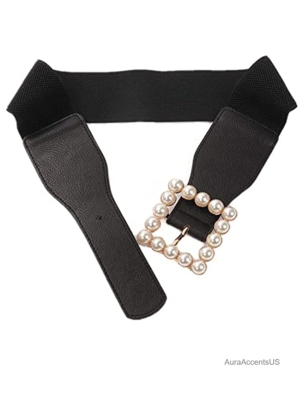 Wide Elastic Stretch Rhinestone Square Buckle Belt for Women Dresses Party